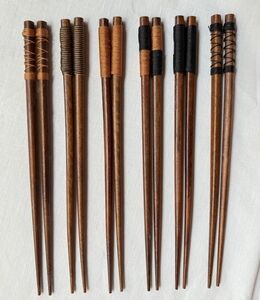 Set of 6 Wooden Chopsticks with Embroidered String Embellishments